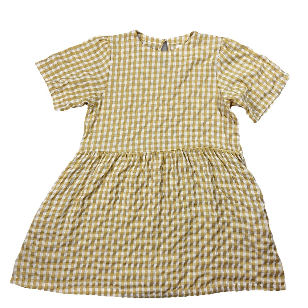 THINGS BETWEEN Yellow Gingham Check Short Sleeve Dress Women's M Preppy Classic